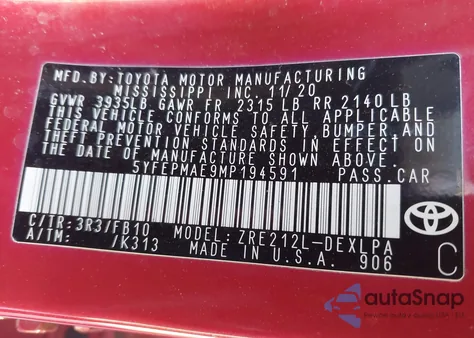 2021 Toyota Corolla Le z USA, uszkodzony, nr VIN 5YFEPMAE9MP194591